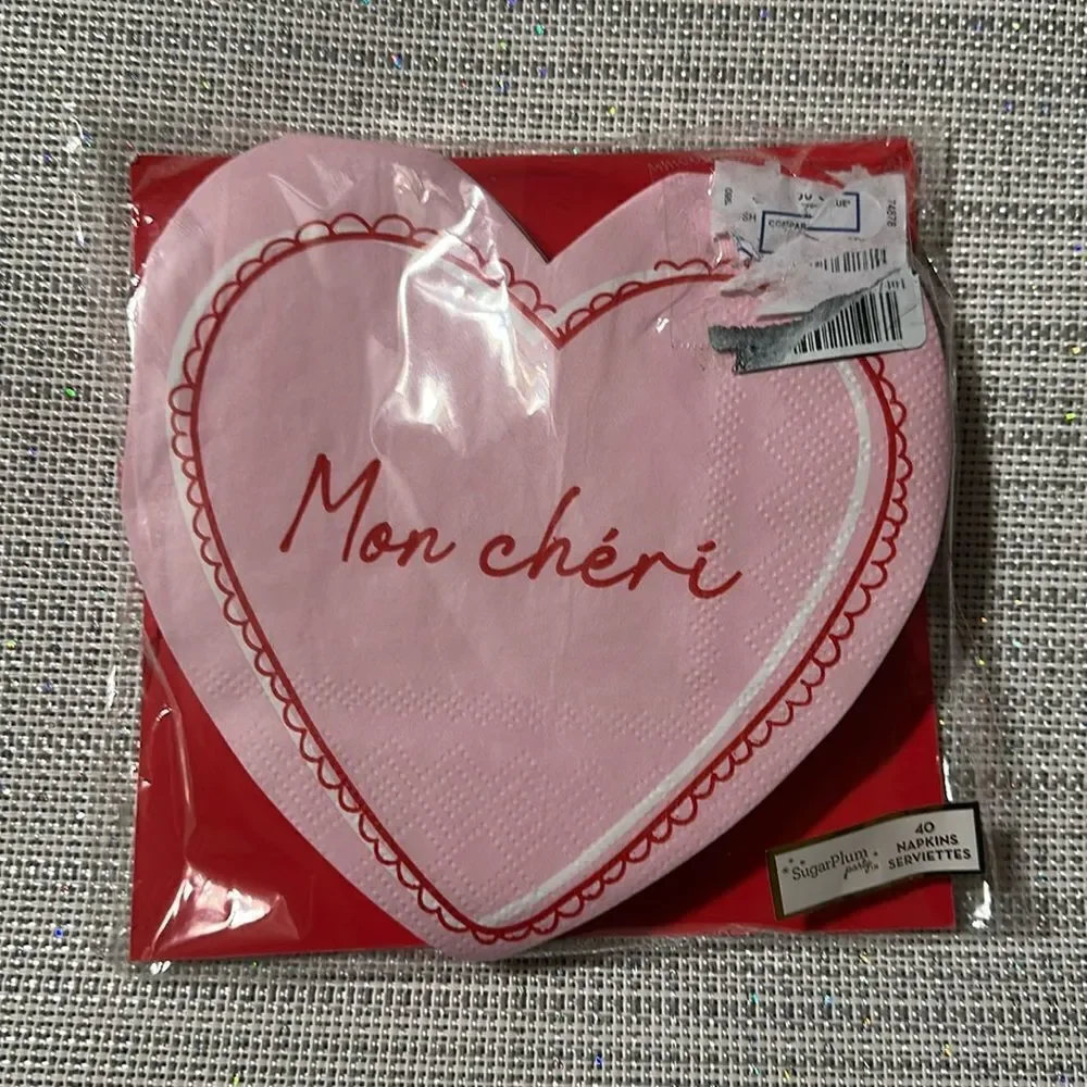 Pink Red White Mon Cheri Valentines Heart Shaped Paper Napkins Pack of 40 3-ply
